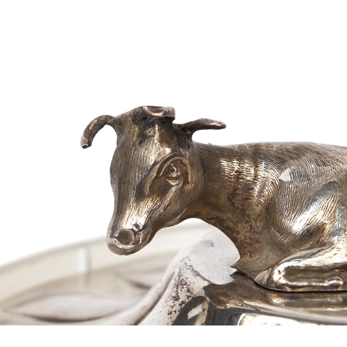 846 - Frosted cut glass butter dish with silver lid, mounted with a cow, hallmarked Sheffield 1850, 12cm i... 