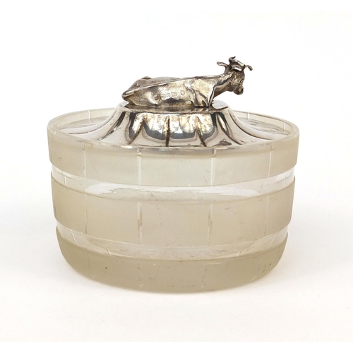 846 - Frosted cut glass butter dish with silver lid, mounted with a cow, hallmarked Sheffield 1850, 12cm i... 