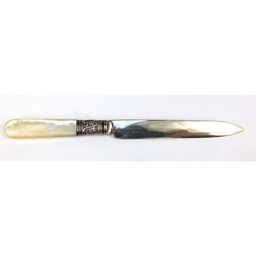 858 - Canteen of six silver Victorian Mother of Pearl fish knives and forks, each with floral chased decor... 