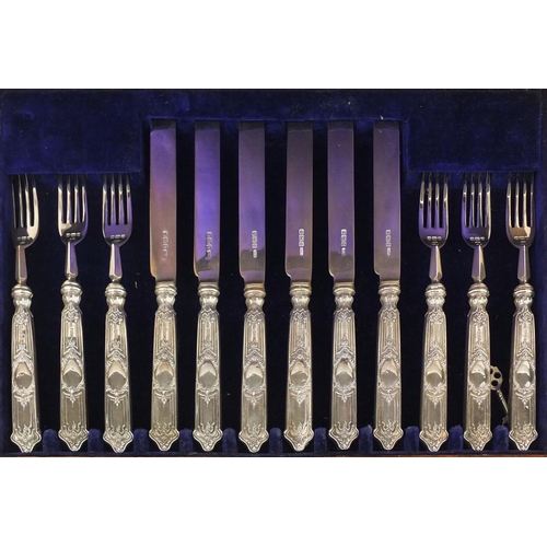 845 - Mahogany canteen of six Mappin & Webb silver fish knives and forks, Sheffield 1908, the knives 18.5c... 