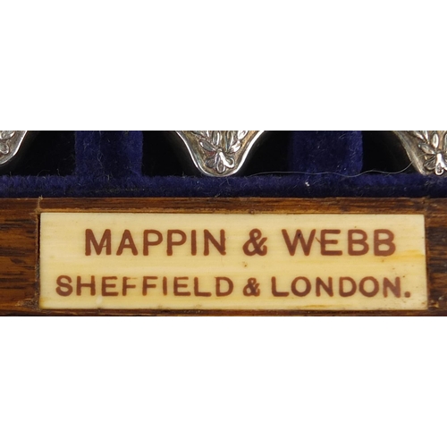 845 - Mahogany canteen of six Mappin & Webb silver fish knives and forks, Sheffield 1908, the knives 18.5c... 