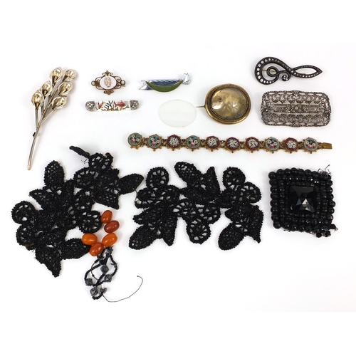 1020 - Assorted vintage jewellery including a floral micro mosaic bracelet, amber coloured beads, large ste... 