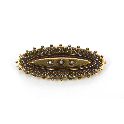 1003 - Victorian 15ct gold seed pearl mourning brooch, 4.2cm long, approximate weight 4.7g