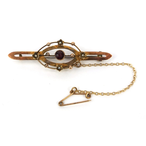 996 - 9ct gold garnet and seed pearl bar brooch, 5cm long, approximate weight 2.7g