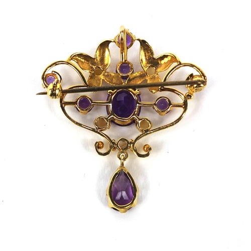 928 - Art Nouveau 9ct gold amethyst and seed pearl pendant/brooch, 4.5cm long, approximate weight 6.2g