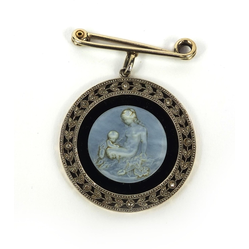 993 - French? black onyx and Mother of Pearl pendant depicting a nude huntress with child, set with diamon... 