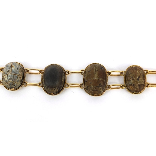 931 - Egyptian unmarked gold Scarab beetle bracelet, 22cm long, approximate weight 22.2g