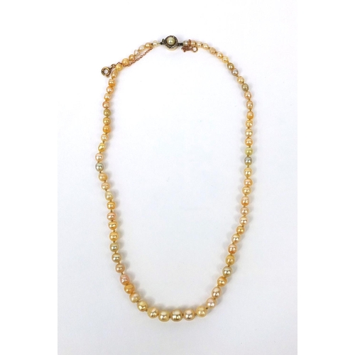 972 - Single string pearl necklace with unmarked gold diamond clasp, 36cm long, approximate weight 9.7g