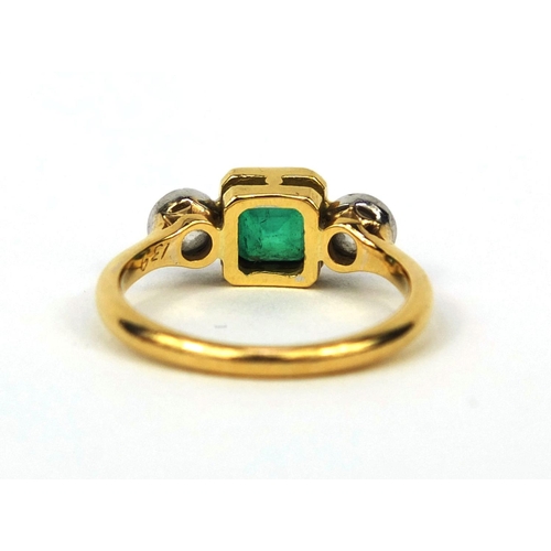 917 - 18ct gold emerald and diamond ring, set with a square cut emerald and two solitaire diamonds, size M... 