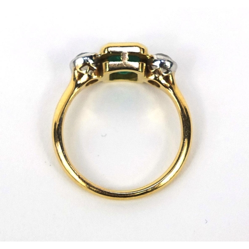 917 - 18ct gold emerald and diamond ring, set with a square cut emerald and two solitaire diamonds, size M... 