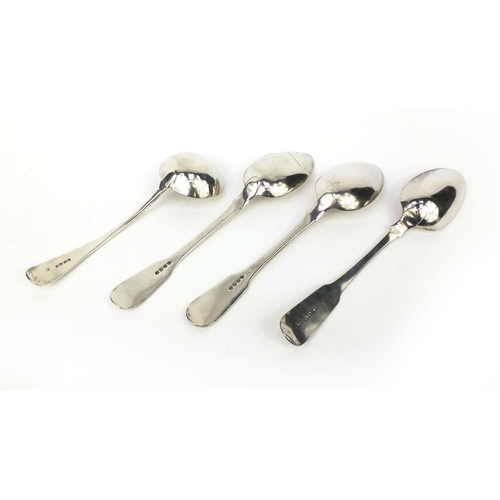 897 - Three Georgian silver tablespoons and a Victorian silver ladle, various hallmarks, the larger 22.5cm... 