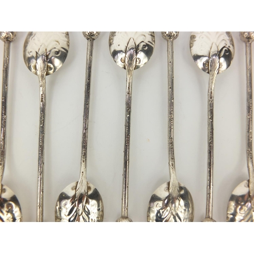 884 - Set of twelve silver teaspoons with thistle terminals, each stamped Kirkpatrick sterling, 12.5cm lon... 