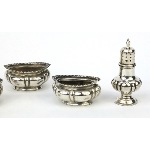 873 - Five silver cruet items comprising three open salts, mustard with hinged lid and miniature castor, v... 