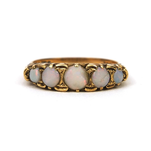 997 - 9ct gold opal five stone ring, size P, approximate weight 3.4g