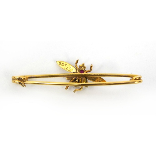 1007 - 9ct gold fly bar brooch set with seed pearls and a ruby, 3.5cm long, approximate weight 1.2g