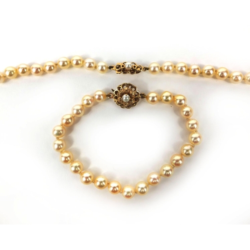 983 - Cultured pearl necklace and bracelet both with 9ct gold clasps, the necklace 44cm long, approximate ... 