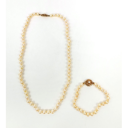 983 - Cultured pearl necklace and bracelet both with 9ct gold clasps, the necklace 44cm long, approximate ... 