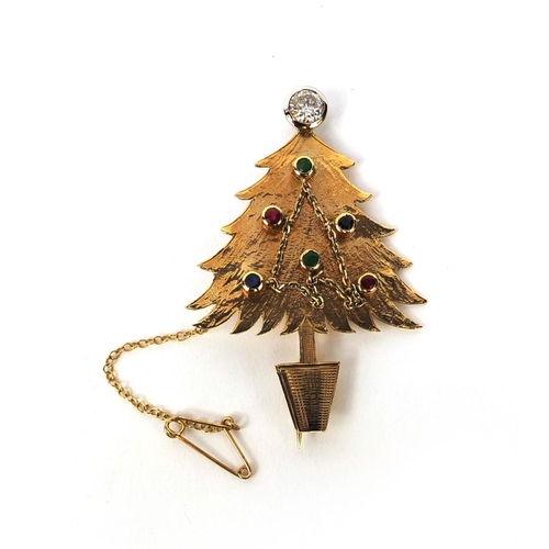 915 - Unmarked gold Christmas tree brooch set with a solitaire diamond, emeralds, sapphires and rubies, 5.... 