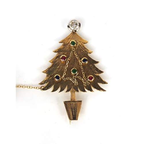 915 - Unmarked gold Christmas tree brooch set with a solitaire diamond, emeralds, sapphires and rubies, 5.... 