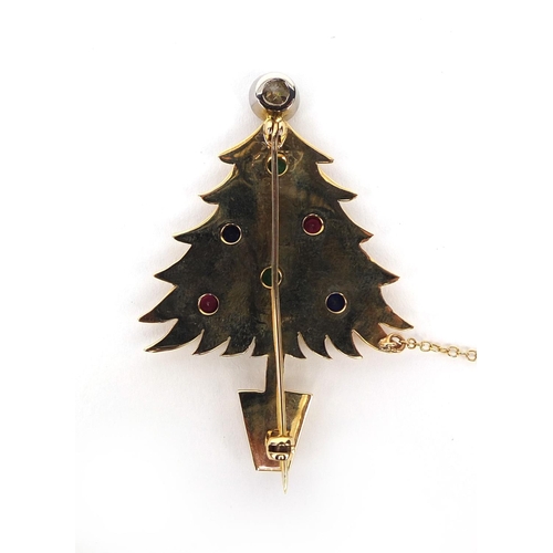 915 - Unmarked gold Christmas tree brooch set with a solitaire diamond, emeralds, sapphires and rubies, 5.... 