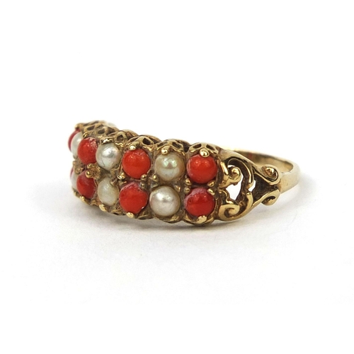 970 - 9ct gold pink coral and seed pearl two row ring, size L, approximate weight 2.0g