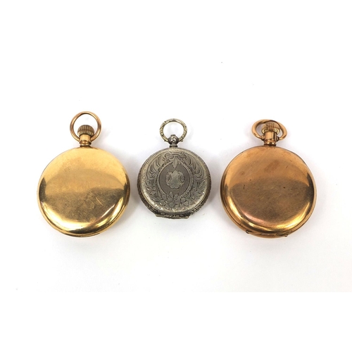 1091 - Two gentleman's gold plated open face pocket watches and a ladies silver pocket watch with floral en... 