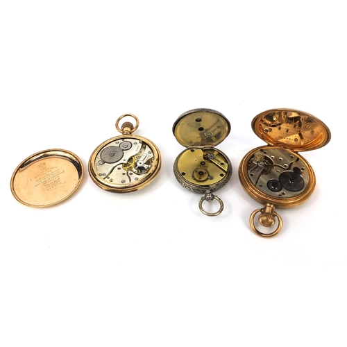 1091 - Two gentleman's gold plated open face pocket watches and a ladies silver pocket watch with floral en... 