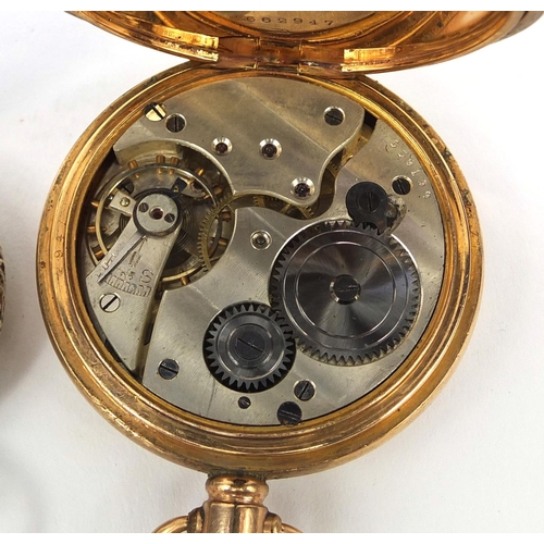 1091 - Two gentleman's gold plated open face pocket watches and a ladies silver pocket watch with floral en... 