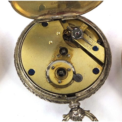 1091 - Two gentleman's gold plated open face pocket watches and a ladies silver pocket watch with floral en... 