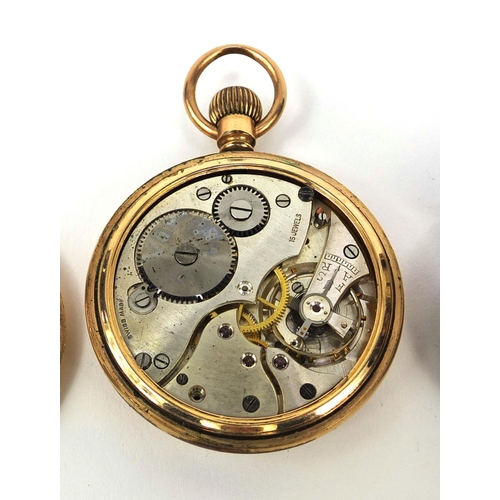 1091 - Two gentleman's gold plated open face pocket watches and a ladies silver pocket watch with floral en... 