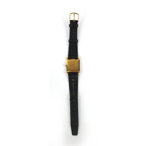 1048 - 18ct gold ladies Bucherer wristwatch with black leather strap