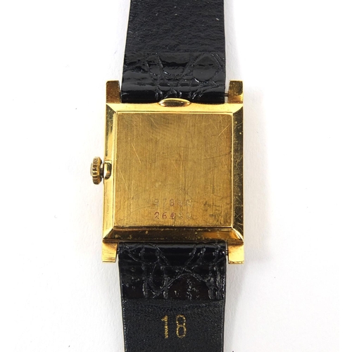 1048 - 18ct gold ladies Bucherer wristwatch with black leather strap