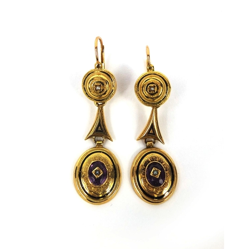924 - Pair of French gold drop earrings with black enamel decoration, each set with amethyst and seed pear... 