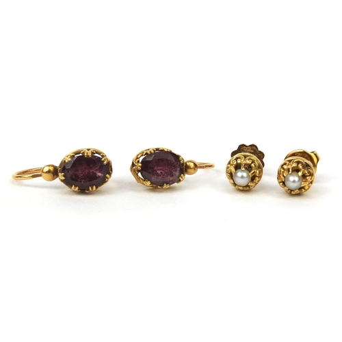 994 - Two pairs of French unmarked gold amethyst and pearl earrings, approximate weight 3.6g