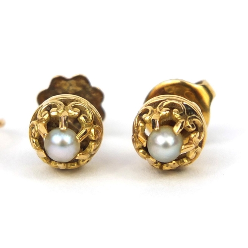 994 - Two pairs of French unmarked gold amethyst and pearl earrings, approximate weight 3.6g