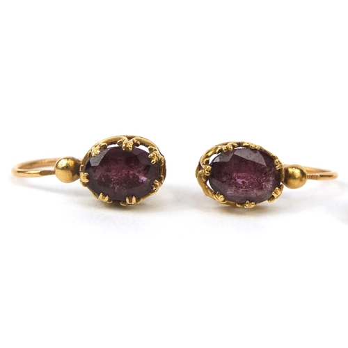 994 - Two pairs of French unmarked gold amethyst and pearl earrings, approximate weight 3.6g