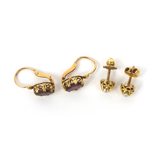 994 - Two pairs of French unmarked gold amethyst and pearl earrings, approximate weight 3.6g