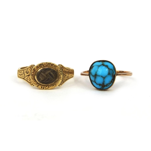 1009 - Antique unmarked gold mourning ring, size M and an unmarked gold turquoise ring, size I, approximate... 