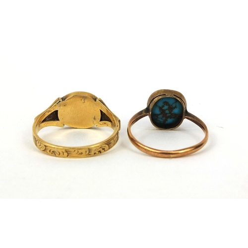 1009 - Antique unmarked gold mourning ring, size M and an unmarked gold turquoise ring, size I, approximate... 