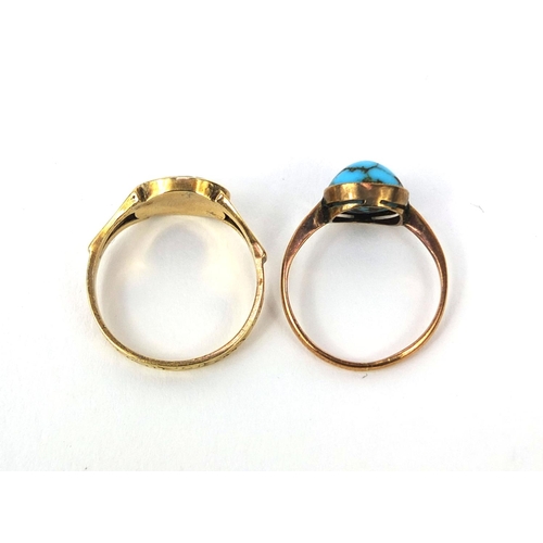 1009 - Antique unmarked gold mourning ring, size M and an unmarked gold turquoise ring, size I, approximate... 