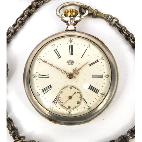 1085 - 800 grade silver Cyrus gentleman's open face pocket watch on a Victorian silver coloured metal watch... 