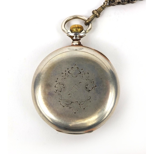 1085 - 800 grade silver Cyrus gentleman's open face pocket watch on a Victorian silver coloured metal watch... 