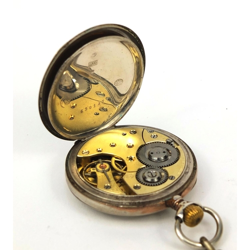 1085 - 800 grade silver Cyrus gentleman's open face pocket watch on a Victorian silver coloured metal watch... 