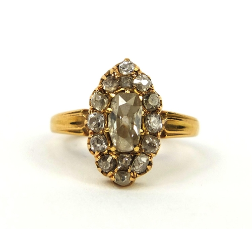 930 - Antique unmarked gold diamond cluster ring, size I, approximate weight 3.8g