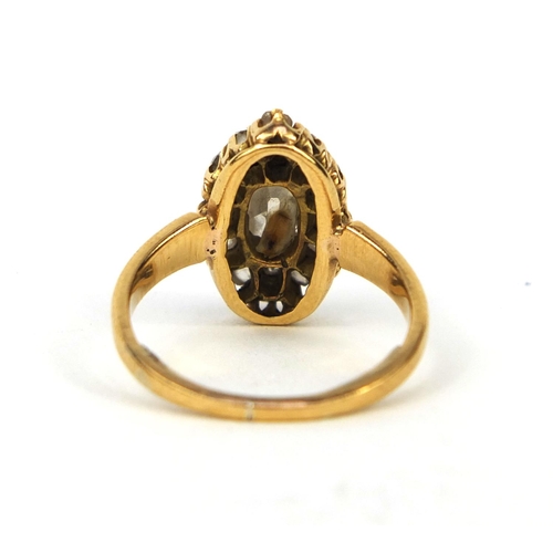 930 - Antique unmarked gold diamond cluster ring, size I, approximate weight 3.8g