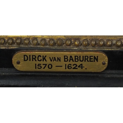 1120 - After Dirck Van Baburen - Antique Oil onto wood panel, figures in an interior, framed, 46cm x 36cm e... 