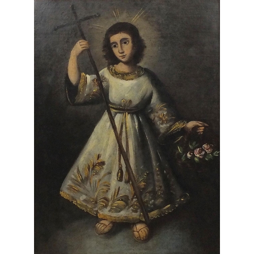 1263 - 19th century Cusco School, oil onto canvas, Young Saint holding a basket of flowers and a cross, orn... 