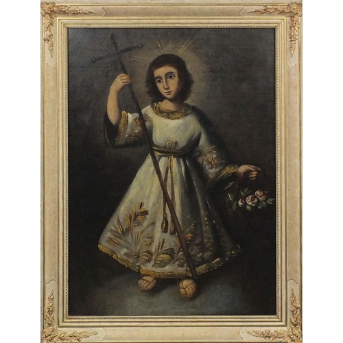 1263 - 19th century Cusco School, oil onto canvas, Young Saint holding a basket of flowers and a cross, orn... 