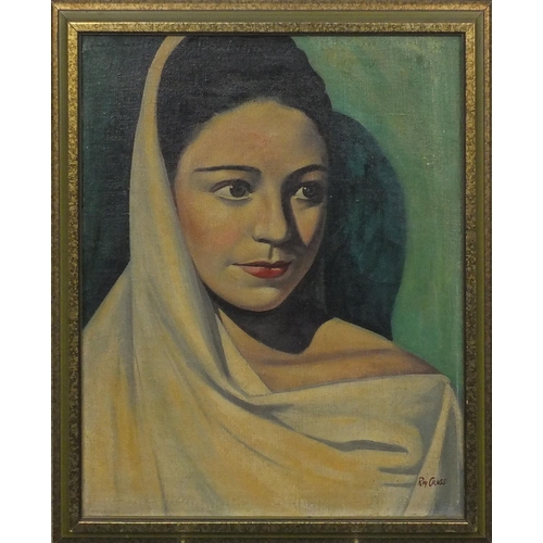 1322 - Oil onto canvas, head and shoulders portrait, Margot Fonteyn, bearing a signature Roy Cross, framed,... 