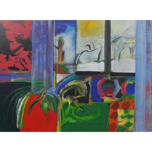 1262 - Oil onto board, looking through a window, bearing a signature Balmer '94 framed 58cm x 42cm excludin... 